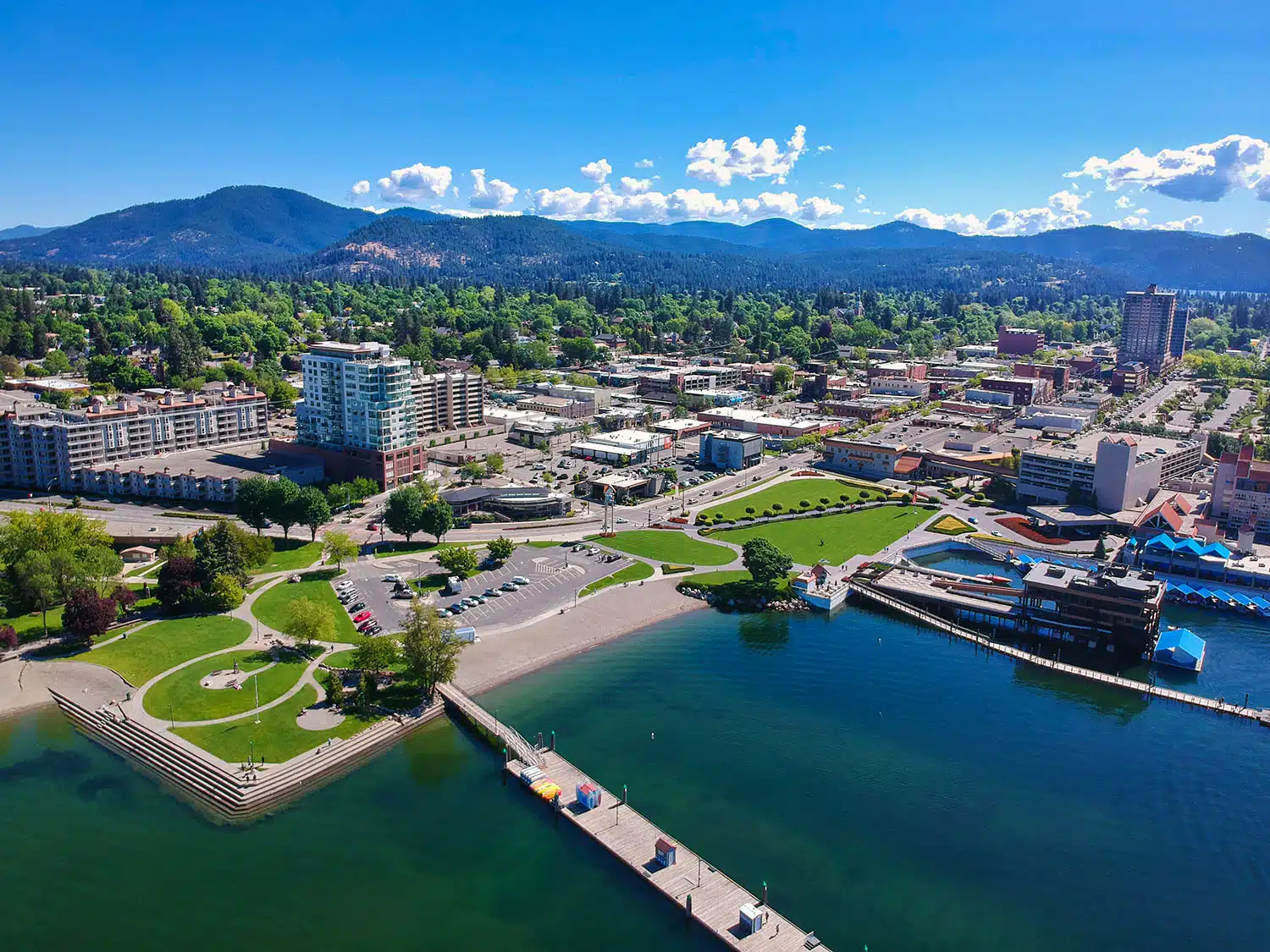 Aerial view of Coeur d’Alene, idaho from over lake