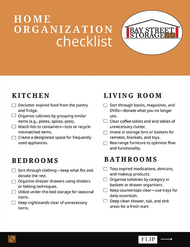 preview of Bay Street Storage's downloadable home organization checklist